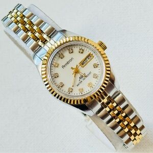 Armitron President MOP Crystals Dial Women's Day/Date Watch Silver Gold 75/2475